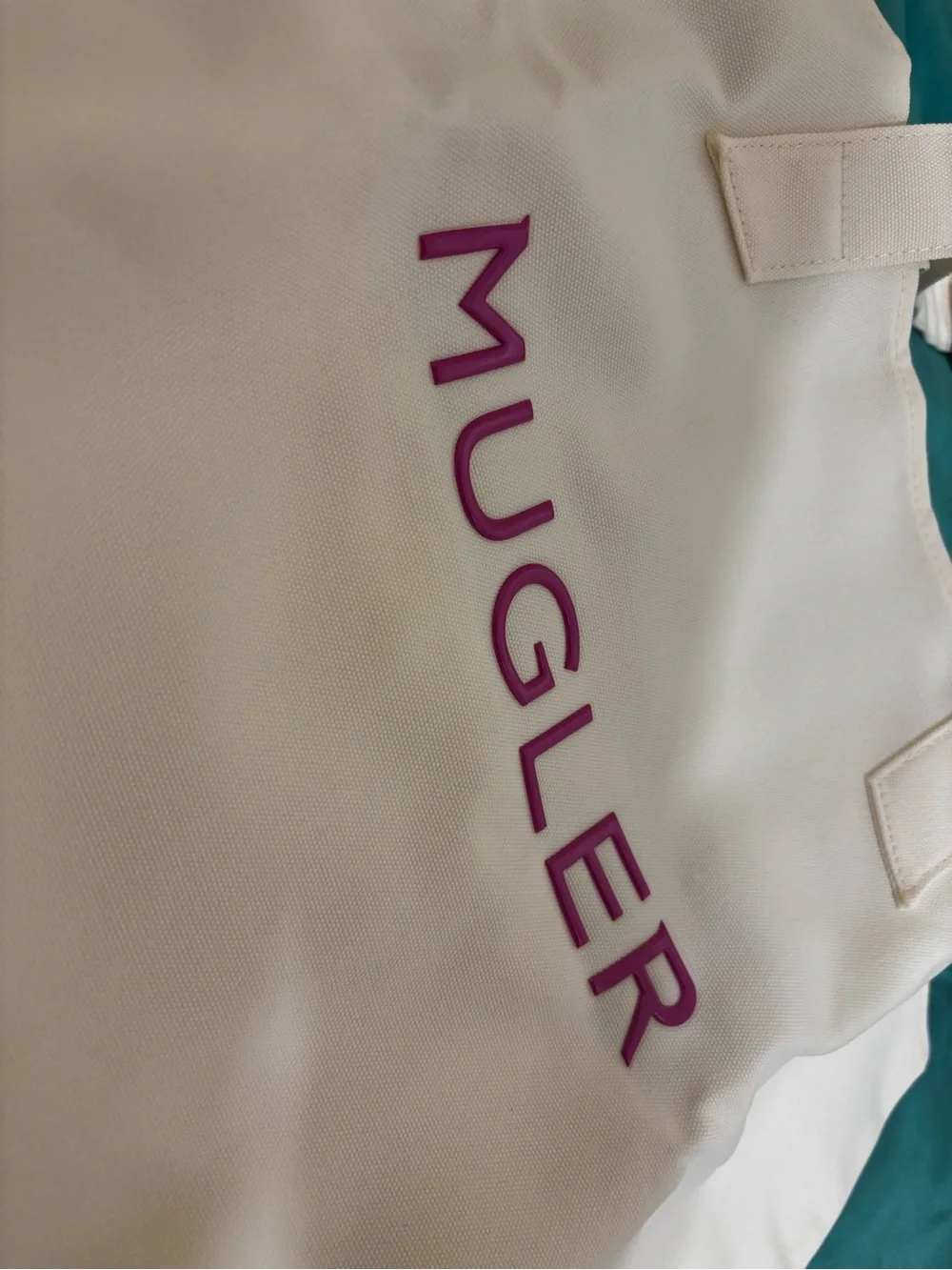 Mugler Ivory Tote with Pink Logo NEW
